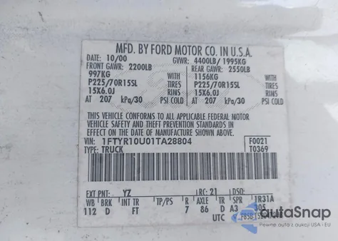 2001 Ford Ranger Edge/Xl/Xlt from USA, damaged, VIN 1FTYR10U01TA28804